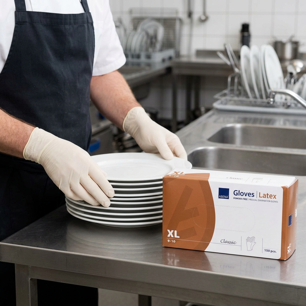 Voksen køkkenmedarbejder med naturfarvede latexhandsker ved service