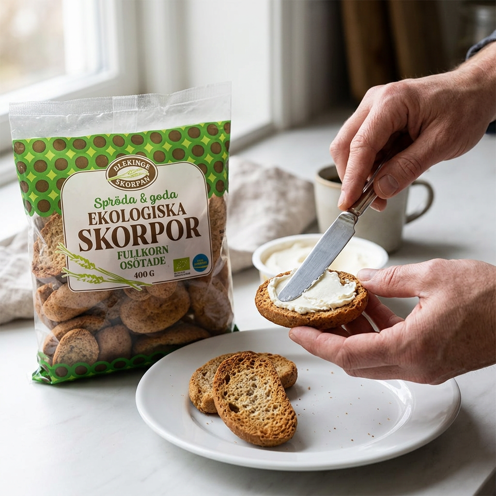 En fuldkornsskorpe fra Blekinge Skorpan smøres med pålæg