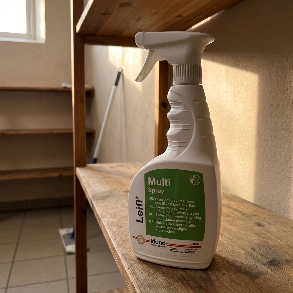 Stemningsbillede af Leifi MultiSpray på rengøringshylde med sollys