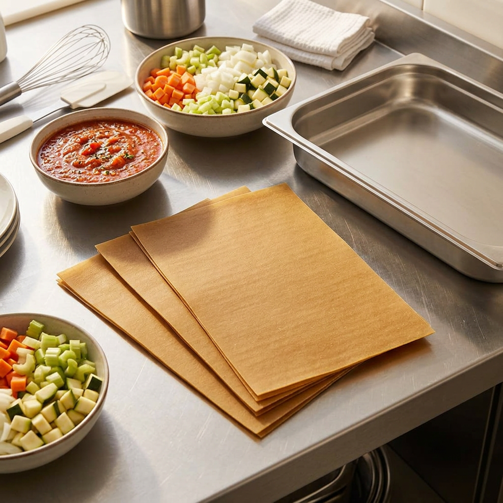 Store fuldkornslasagneplader ved sauce og grøntsager på køkkenets stålbord
