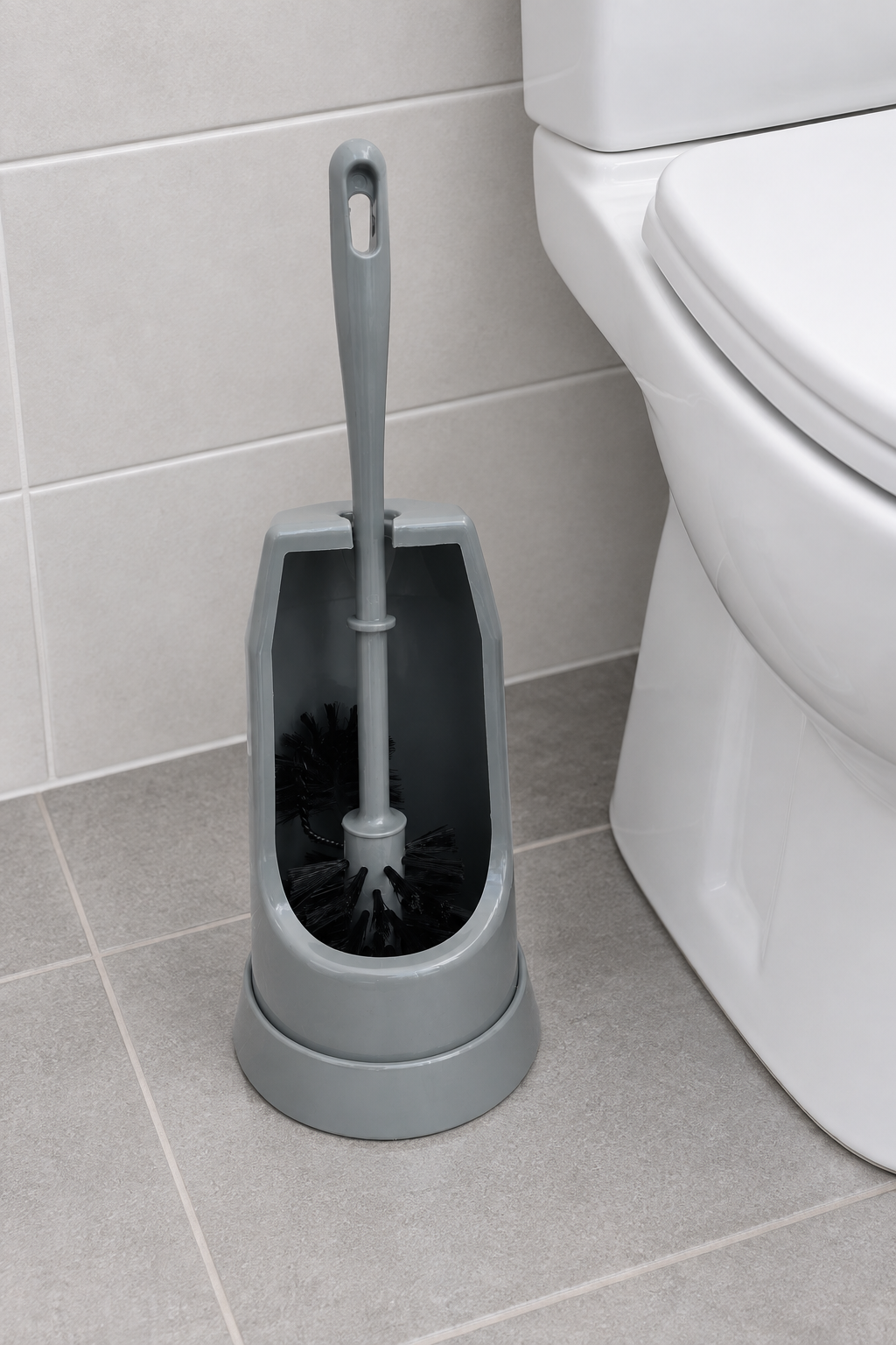 Grå toiletbørste i sanitetsrum set oppefra, stemningsillustration