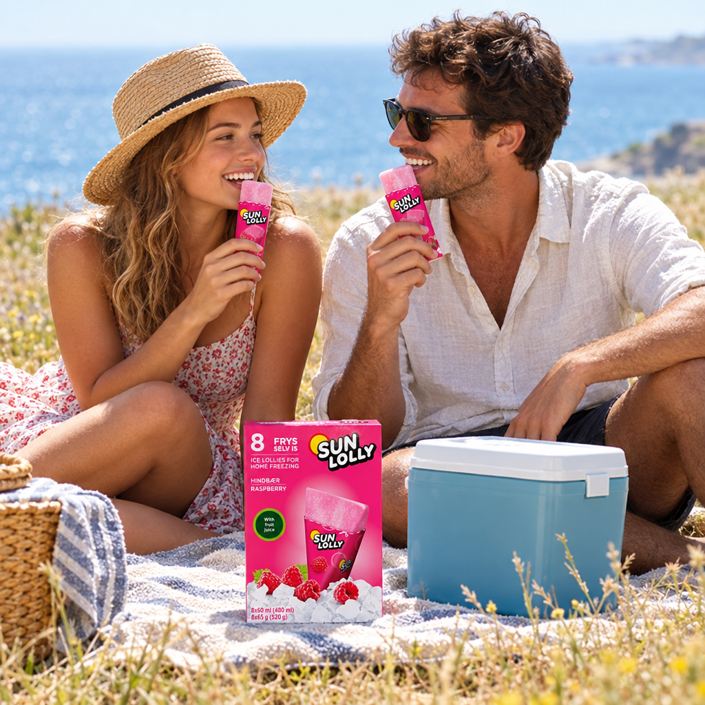 To voksne med Sun Lolly Hindbær ved picnic med udsigt over havet