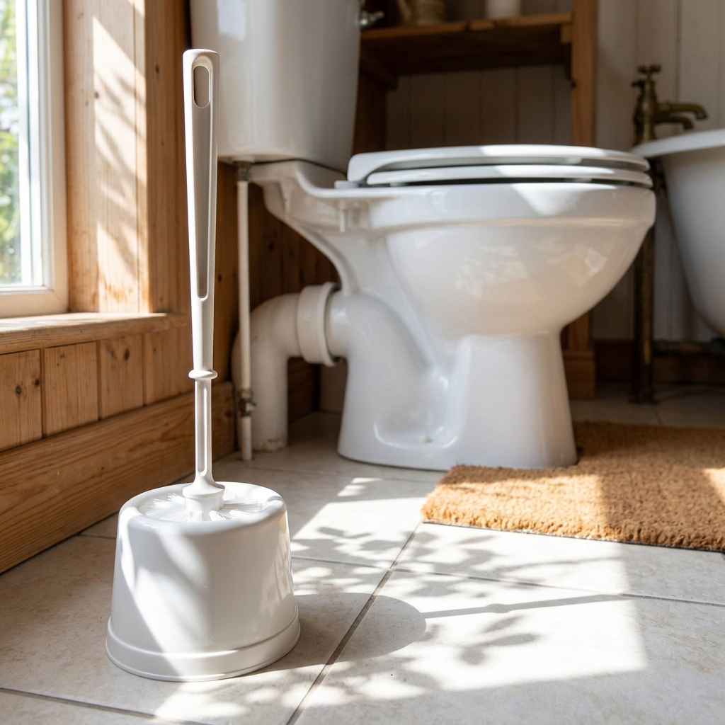 Hvid Basic-toiletbørste med skål i solrigt sommerhusbadeværelse, stemningsbillede