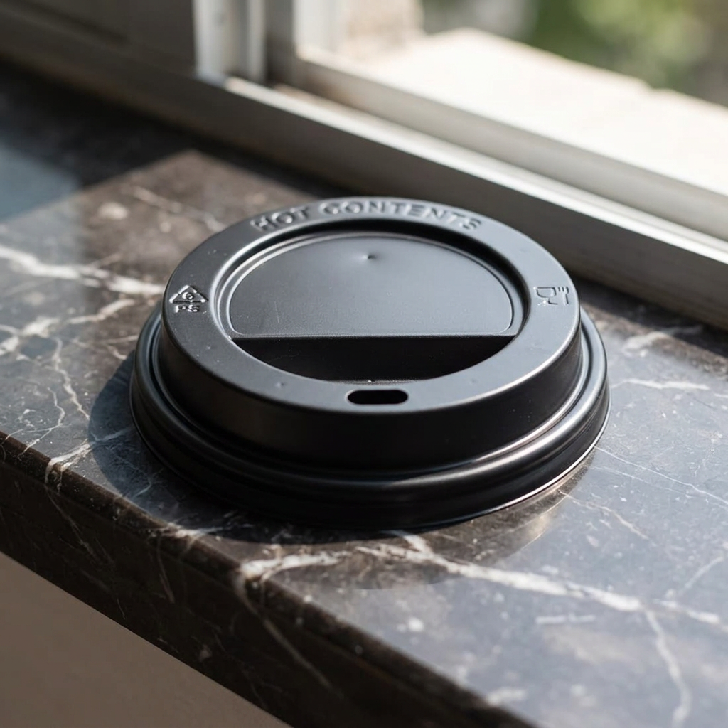 Sort drikkelåg på mørk marmorkarm ved solbelyst cafévindue