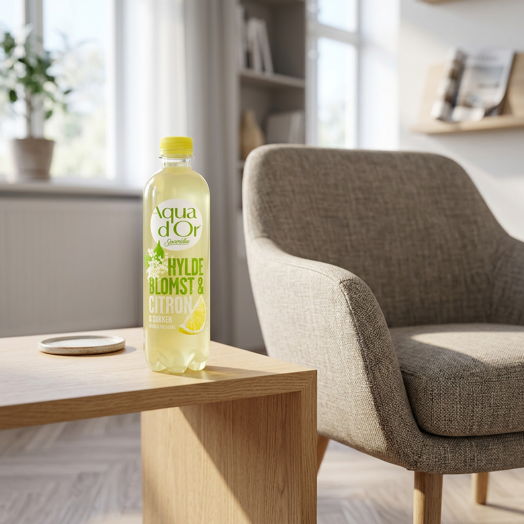 Aqua d’Or Sparkles Hyldeblomst & Citron på sidebord i personalelounge, stemningsbillede