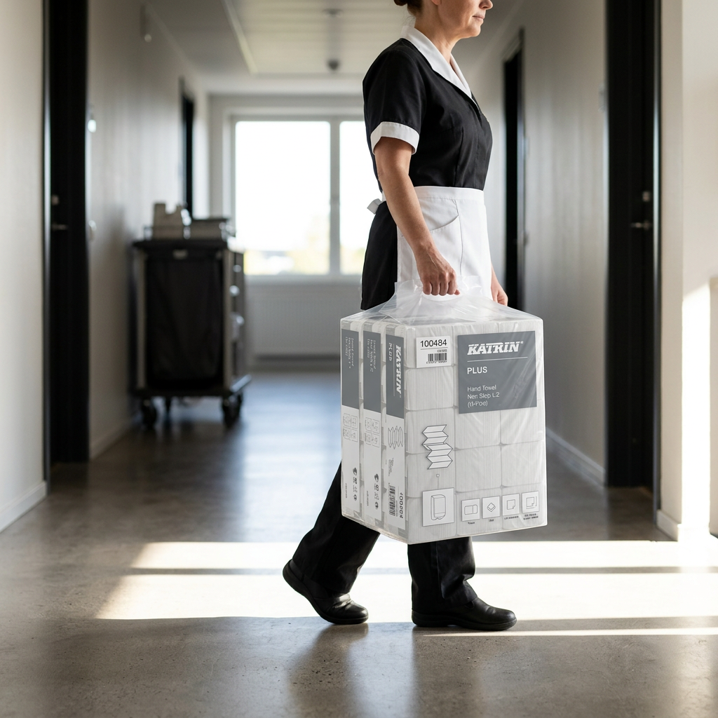 Medarbejder bærer Katrin Plus Handy Pack i solbelyst hotelgang
