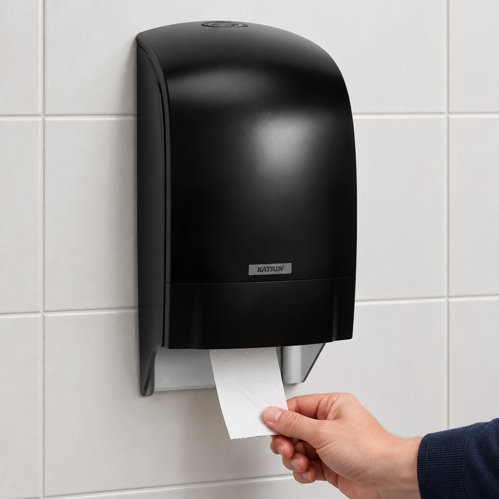 Hånd tager toiletpapir fra sort Katrin System-dispenser på flisevæg