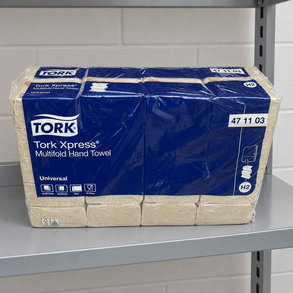 Tork Xpress H2 471103 naturfarvede håndklædeark i blå pakning på depotets hylde