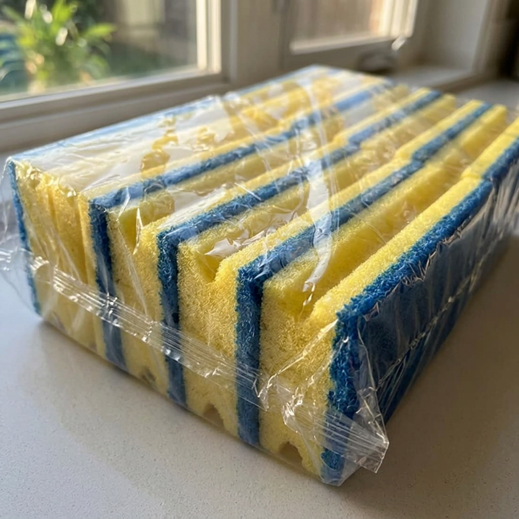 Nærbillede af svampenes gule skum og blå fiberside gennem emballagen