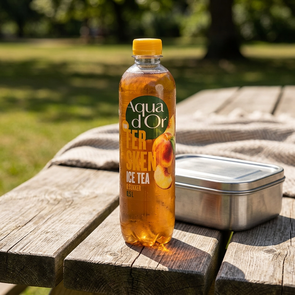 Aqua d’Or Fersken iste ved madkasse på picnicbord