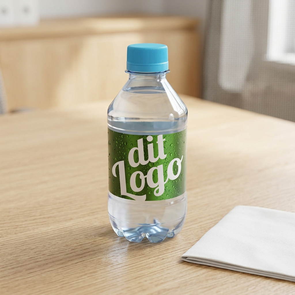 0,30-liters logovand med lyseblåt låg og grøn etiket på et lyst bord