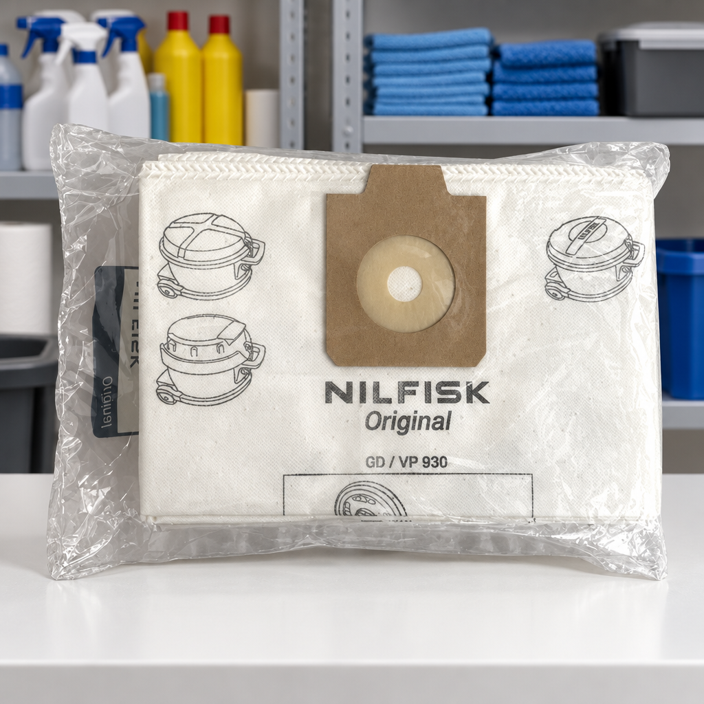 Miljøbillede af Nilfisk-fleeceposer i emballage på hvid bordplade