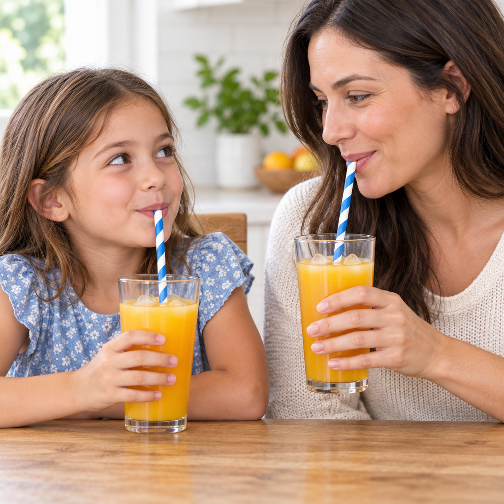 Voksen og barn drikker juice med blå-hvide papirsugerør