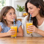 Voksen og barn drikker juice med blå-hvide papirsugerør