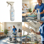 Kollage med Profless sprayflaske og voksen medarbejder i personalestue, stemningsbillede