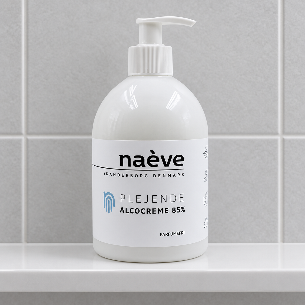 Naeve Alcocreme på hvid hylde foran grå fliser