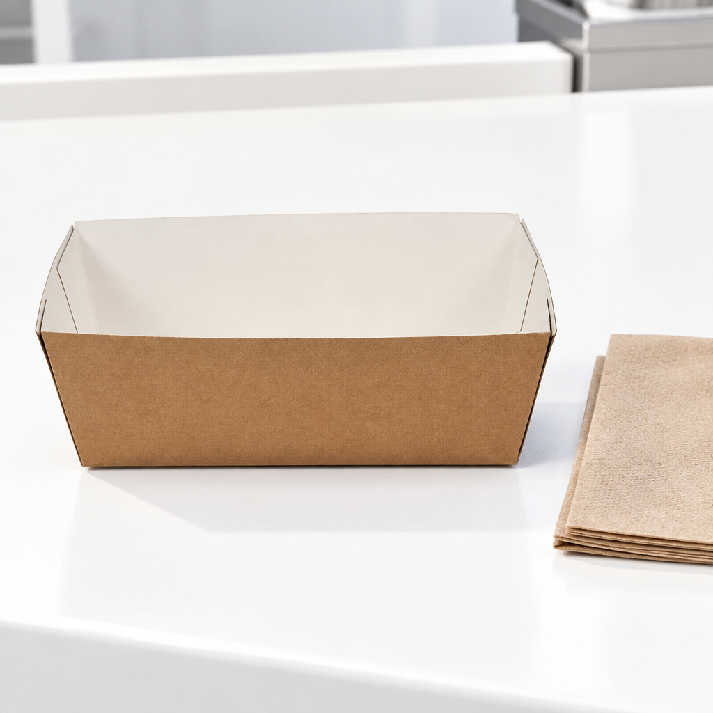 Brun kartonbakke ved takeaway-disk med servietter