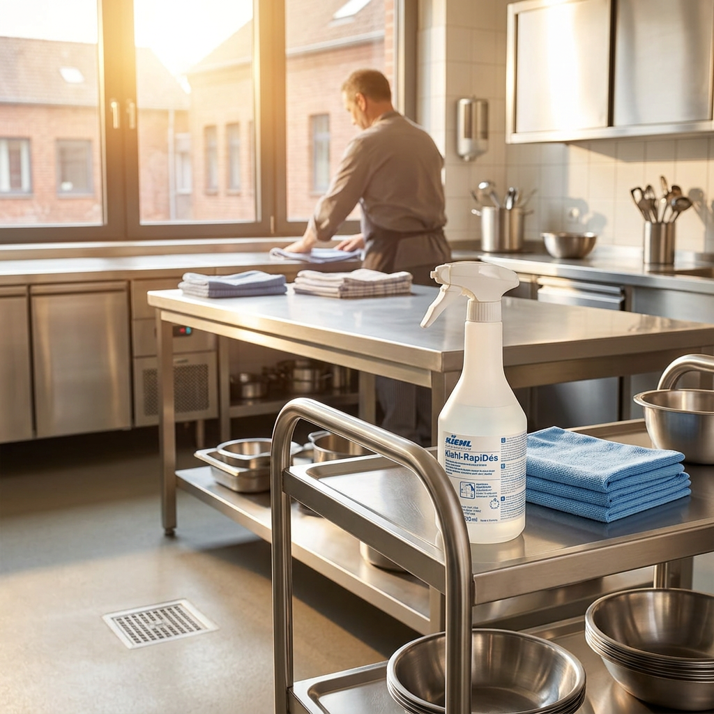Kiehl RapiDés 750 ml på servicevogn med klude i solrigt professionelt køkken