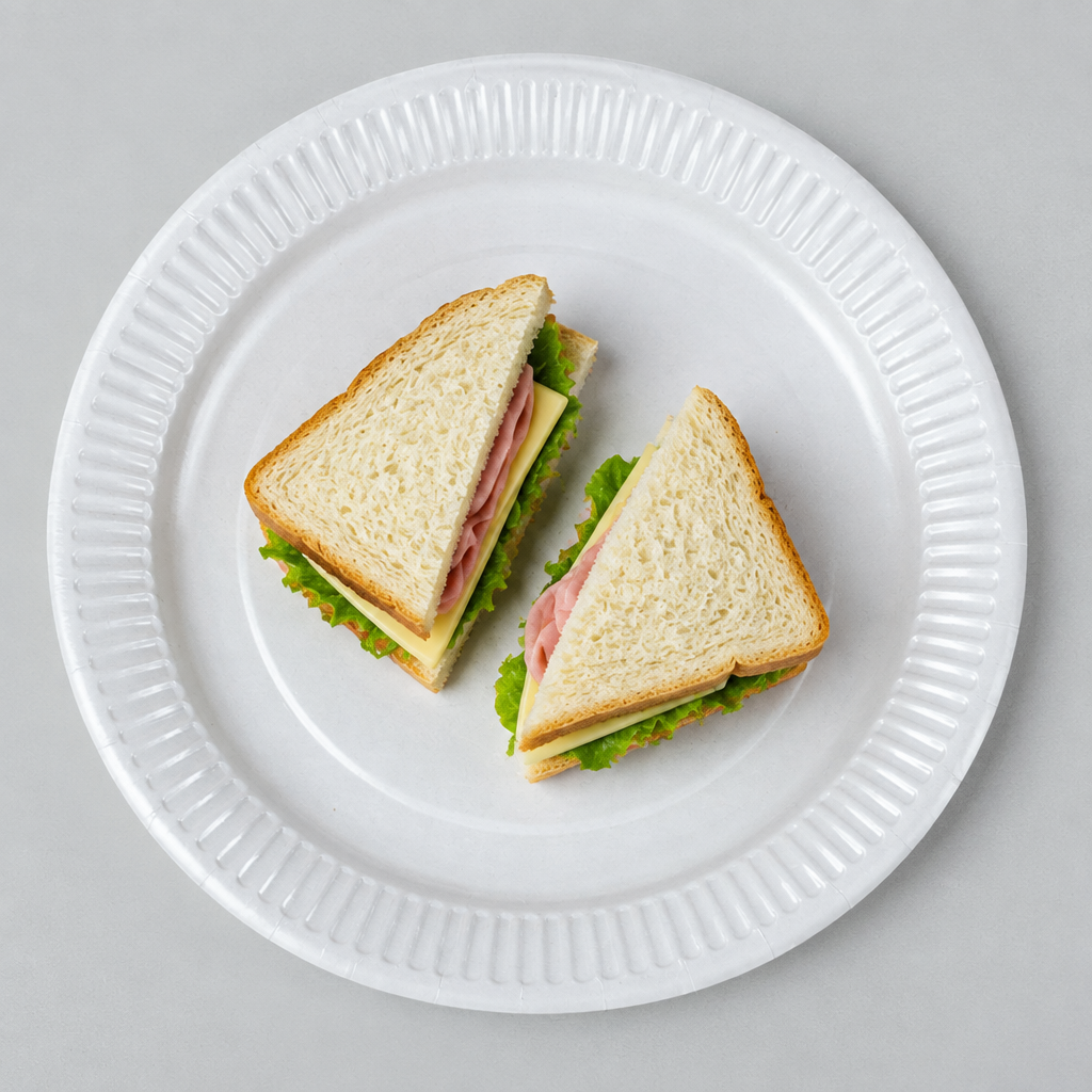 Hvid paptallerken med to sandwichhalvdele på lyst bord