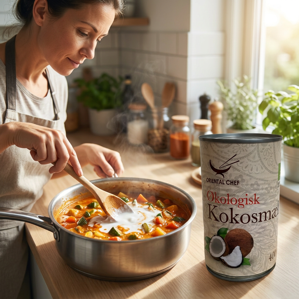 Kokosmælk røres ind i en grøntsagssauce