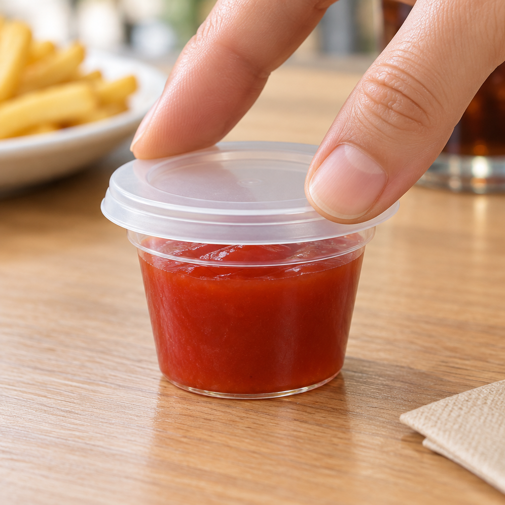 Brugssituation: klart låg sættes på et lille dipbæger med ketchup