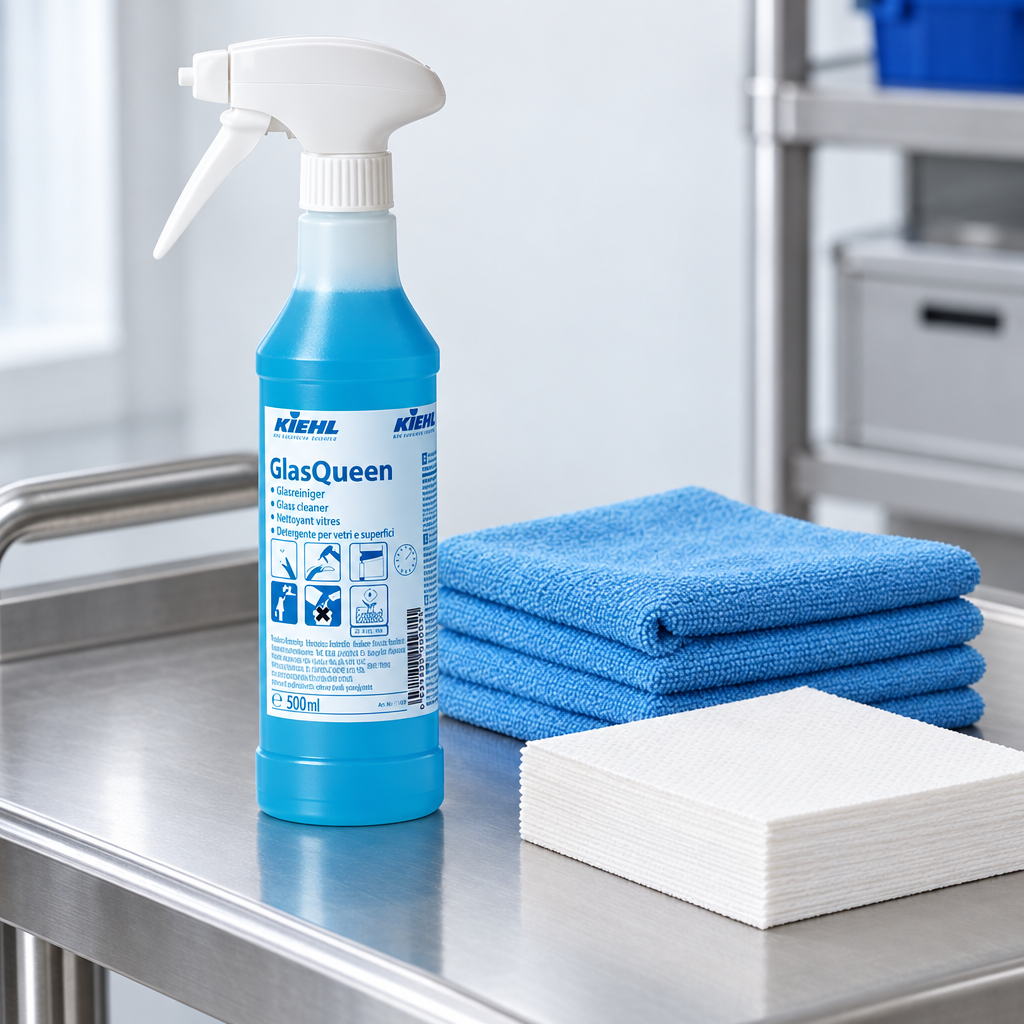 Kiehl GlasQueen 500 ml ved microfiberklude og aftørringspapir