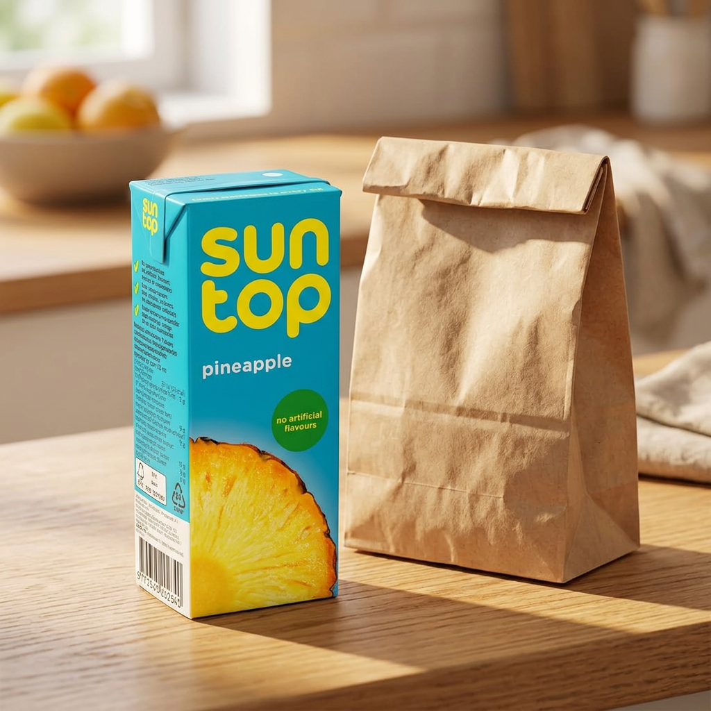 Suntop Ananas ved madpakkepose på køkkenbord
