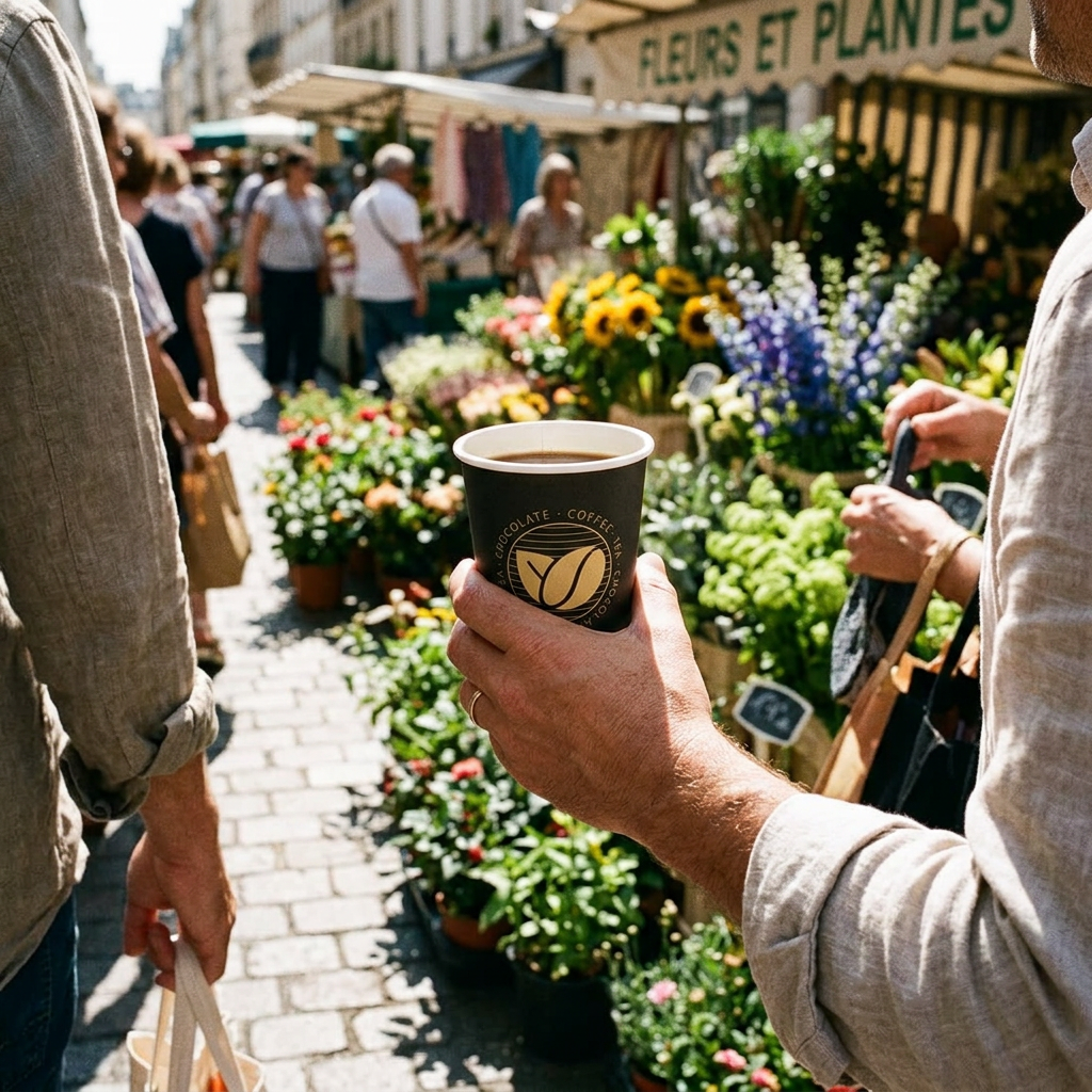 Voksen holder Beans-kaffebæger ved solrigt blomstermarked