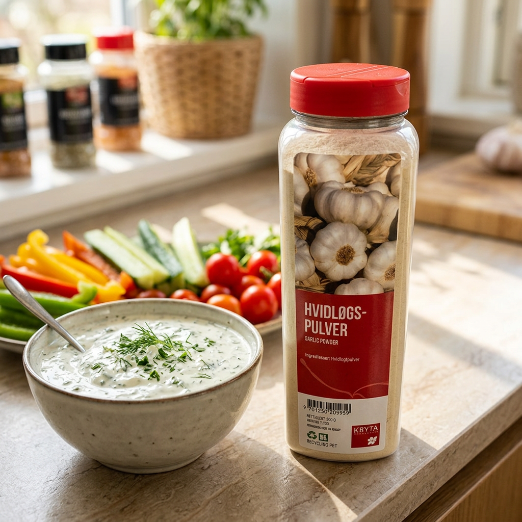 Kryta hvidløgspulver ved dressing og grøntsager i sollys