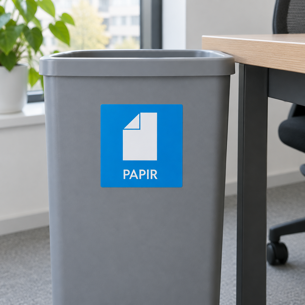 Affaldsbeholder med PAPIR-klistermærke ved skrivebord