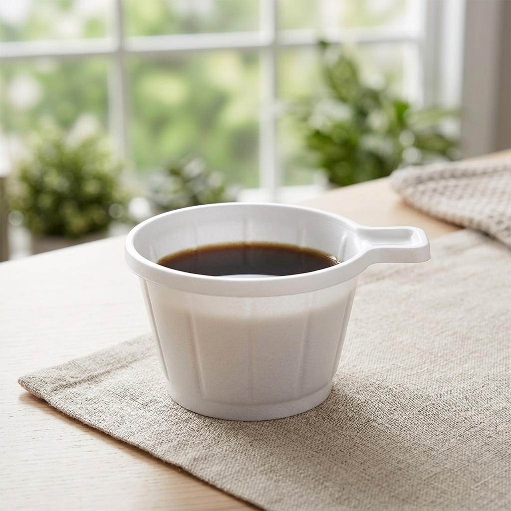 Hvid engangskaffekop med kaffe på lyst morgenbord ved vindue