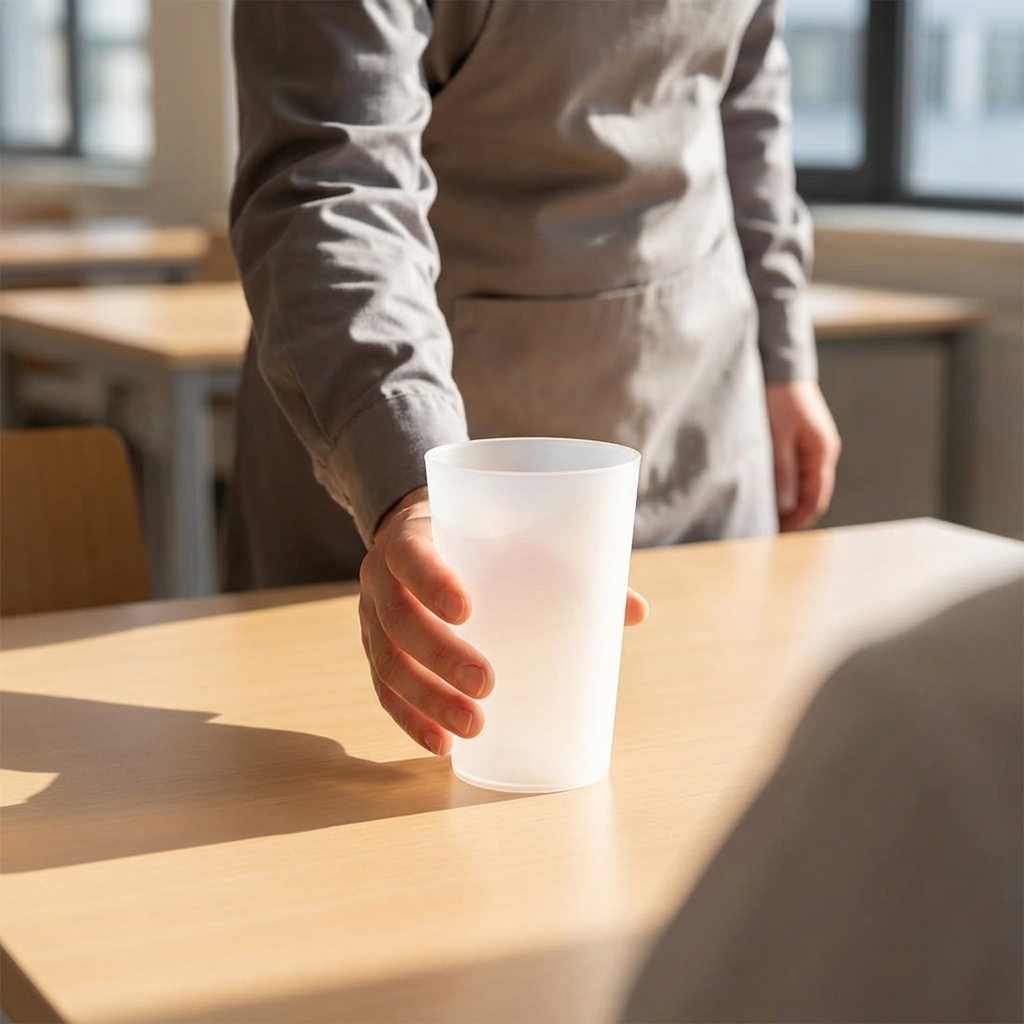 Voksen serveringsmedarbejder stiller et frosted hvidt drikkeglas på et solbeskinnet bord