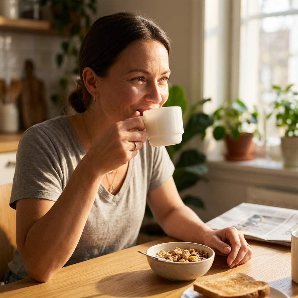 Kvinde drikker af lille hvid kop ved morgenbordet