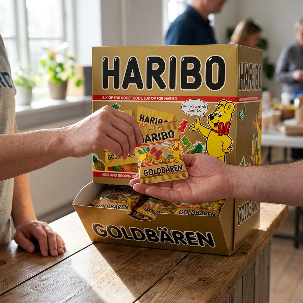 En lukket minipose Haribo Guldbamser udleveres ved et arrangement