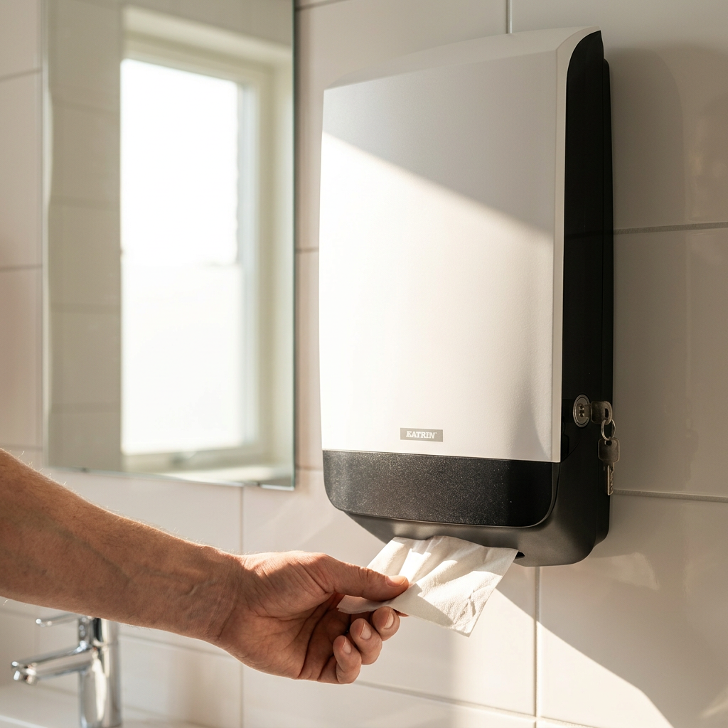Hånd tager papirhåndklæde fra hvid Katrin XL-dispenser