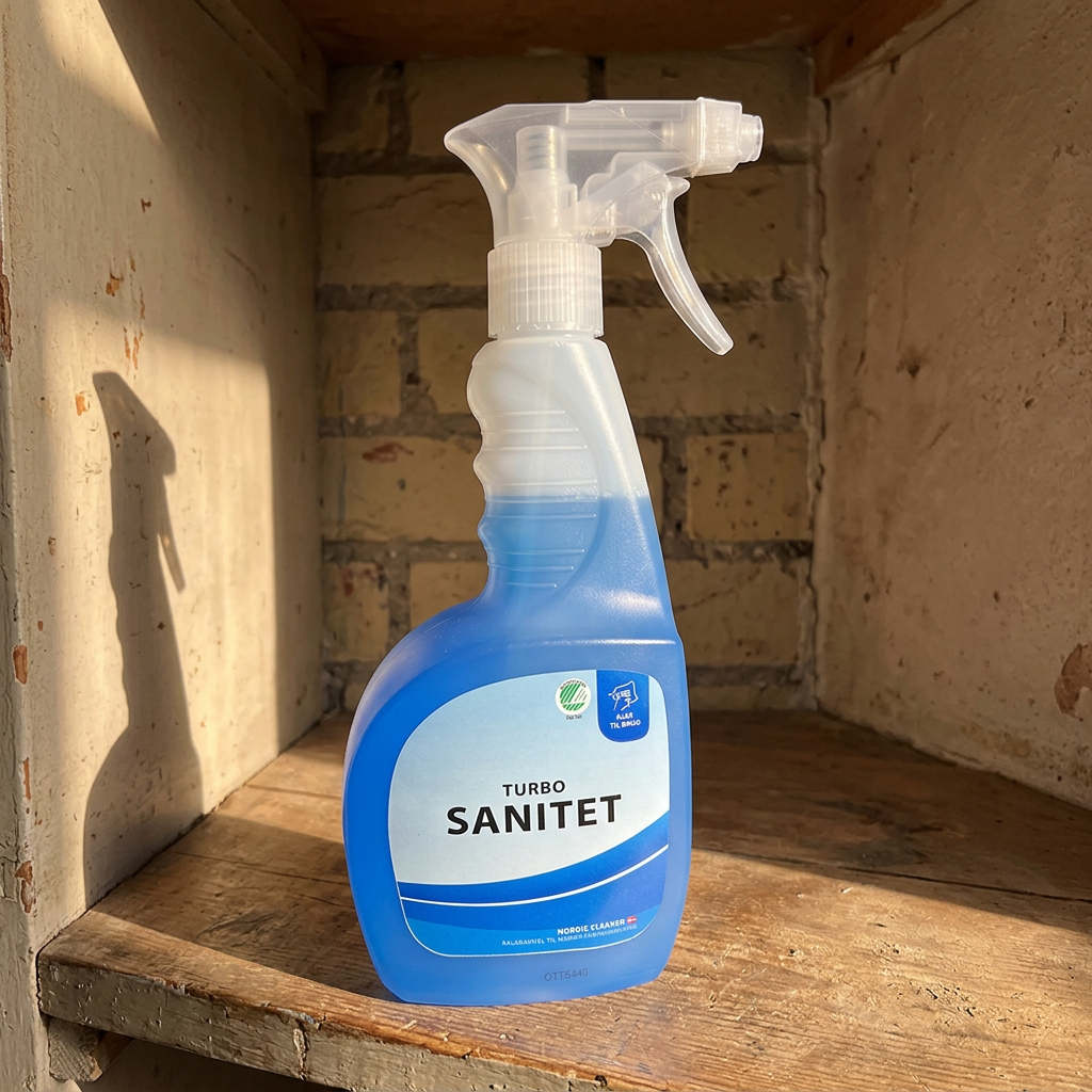 Stemningsbillede af Turbo Sanitet på hylde i sollys