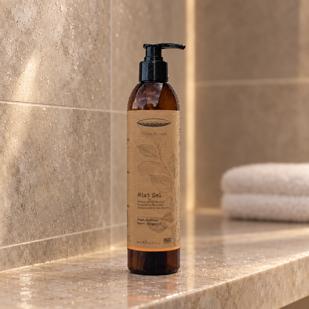 Botanika shampoo og duschgel på en hylde i et flisebeklædt brusemiljø