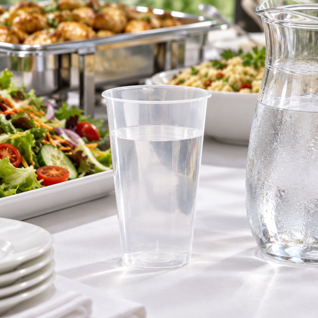 Klart PP-drikkeglas med vand ved buffet