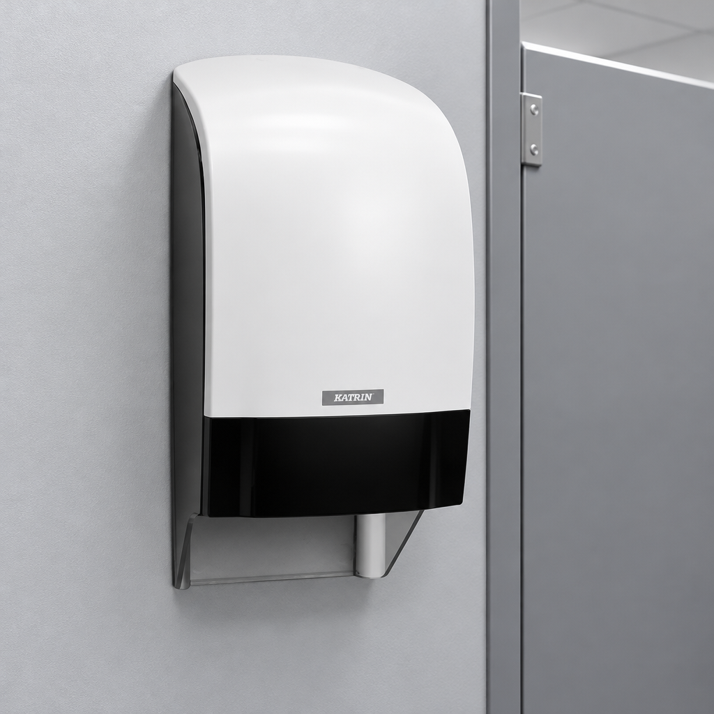 Hvid Katrin-toiletrulledispenser ved skillevæg i toiletrum