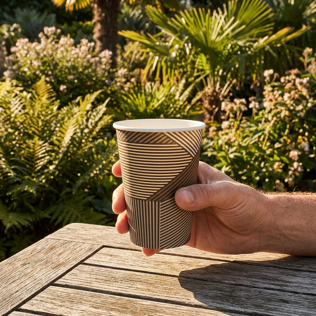 Voksen holder ABENA Gastro Lines kaffebæger i solrig botanisk have