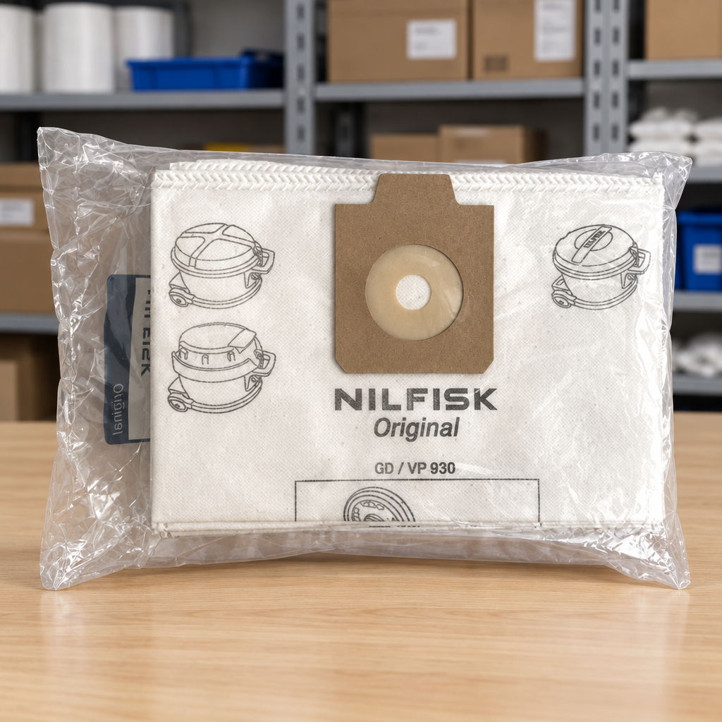 Miljøbillede af original Nilfisk-pakke med fleeceposer på lyst træbord