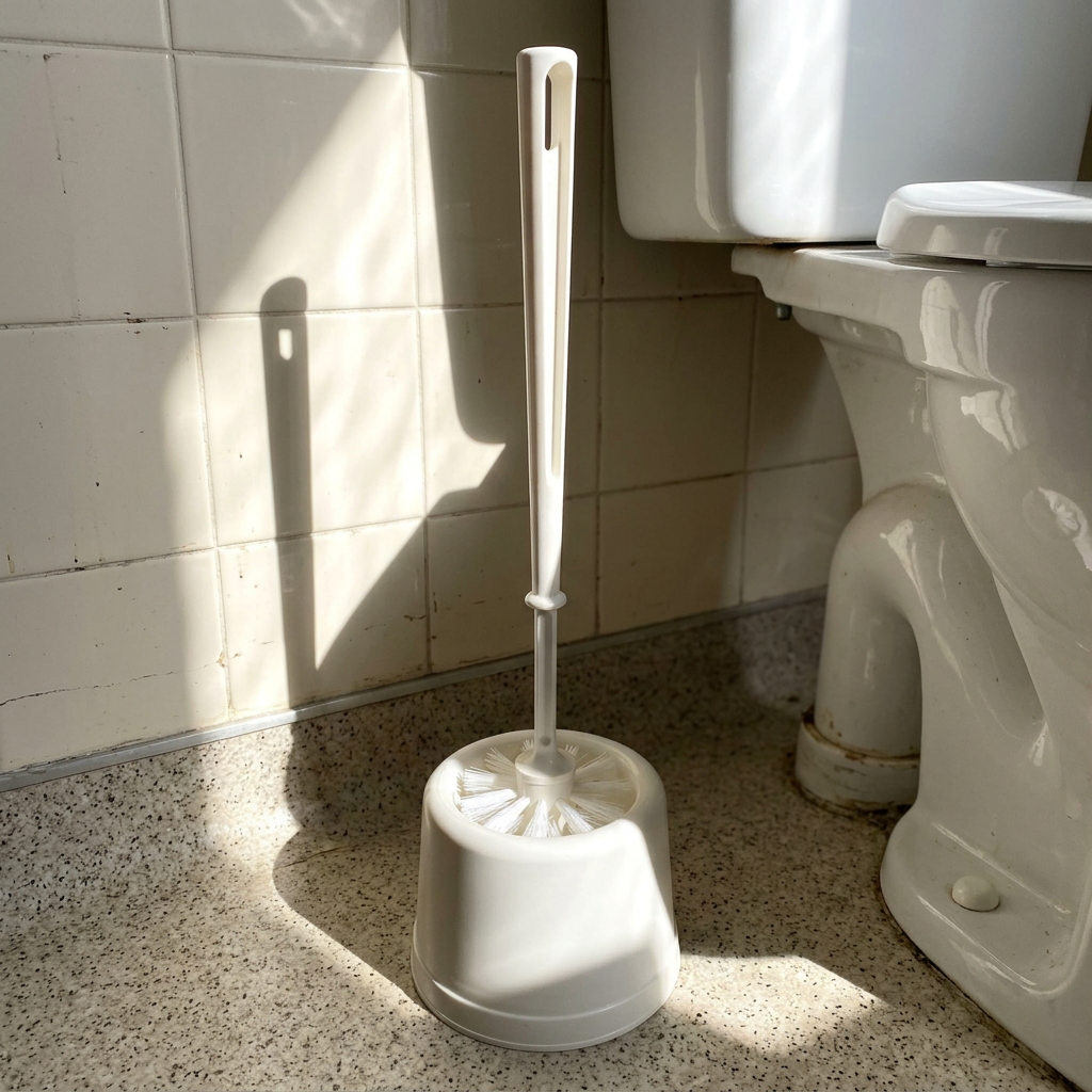 Hvid Basic-toiletbørste med skål på solrigt personaletoilet på skole, stemningsbillede