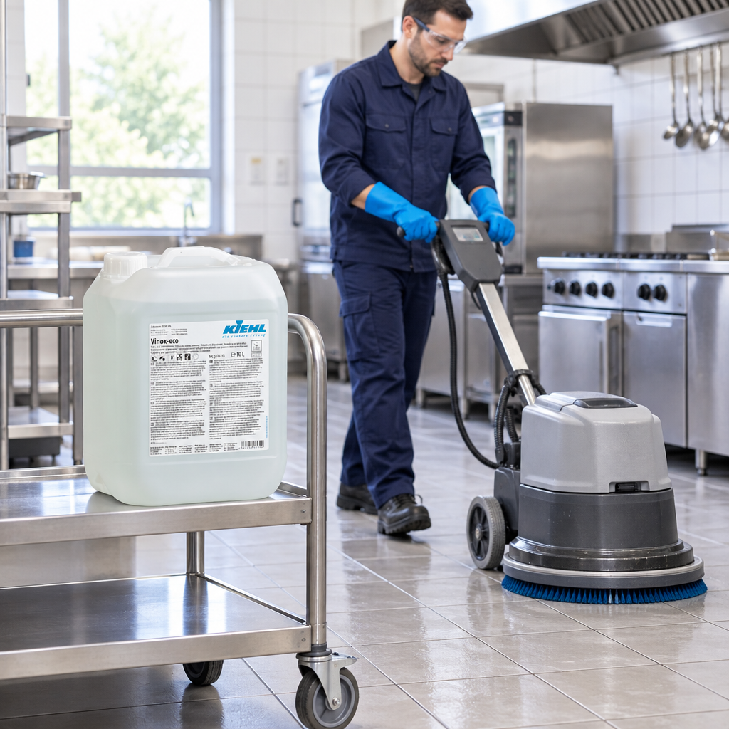 Vinox-eco 10 L ved maskinel rengøring af flisegulv