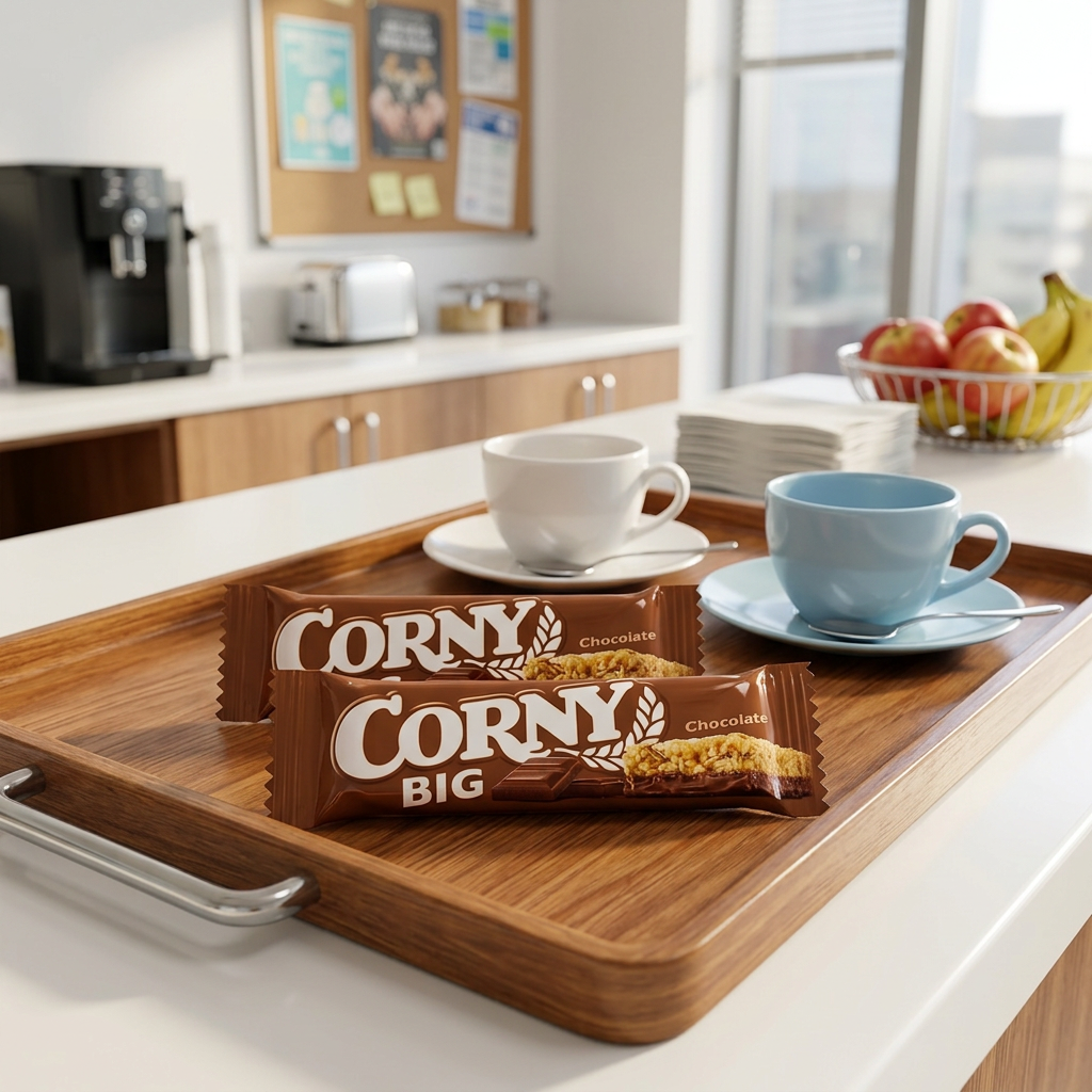 To Corny Big Chokolade barer på bakke i pauserum, stemningsbillede