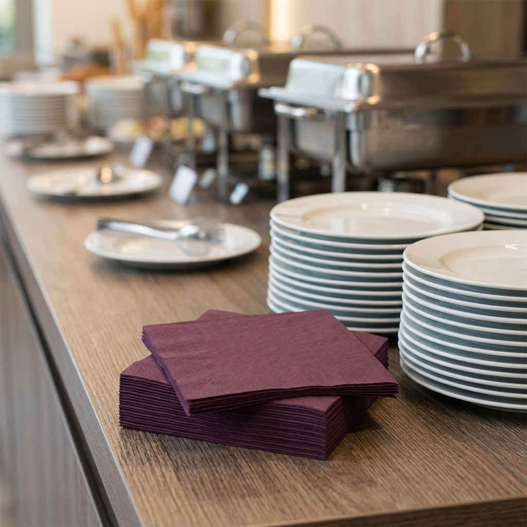 Stak af blommefarvede airlaid-servietter ved buffet