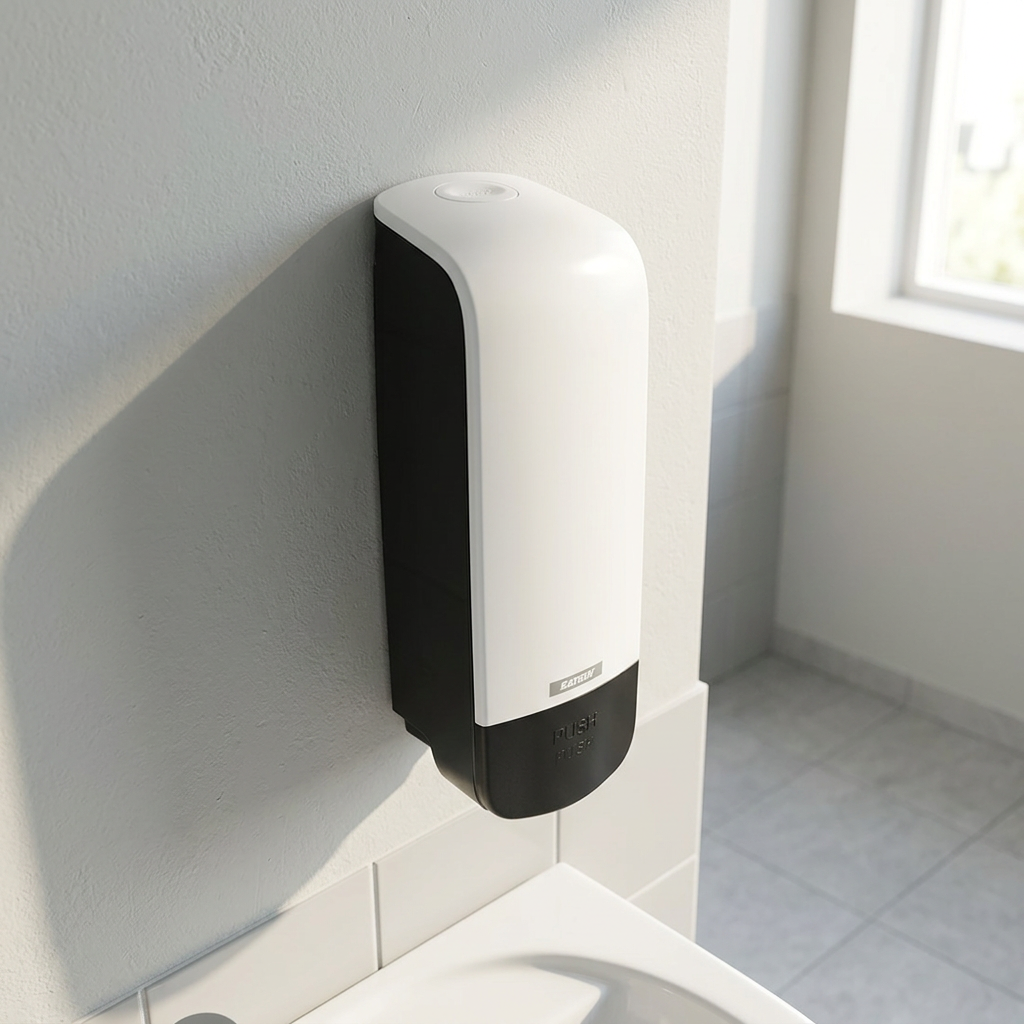 Katrin 77373 vægdispenser set skråt ovenfra i lyst håndvaskområde