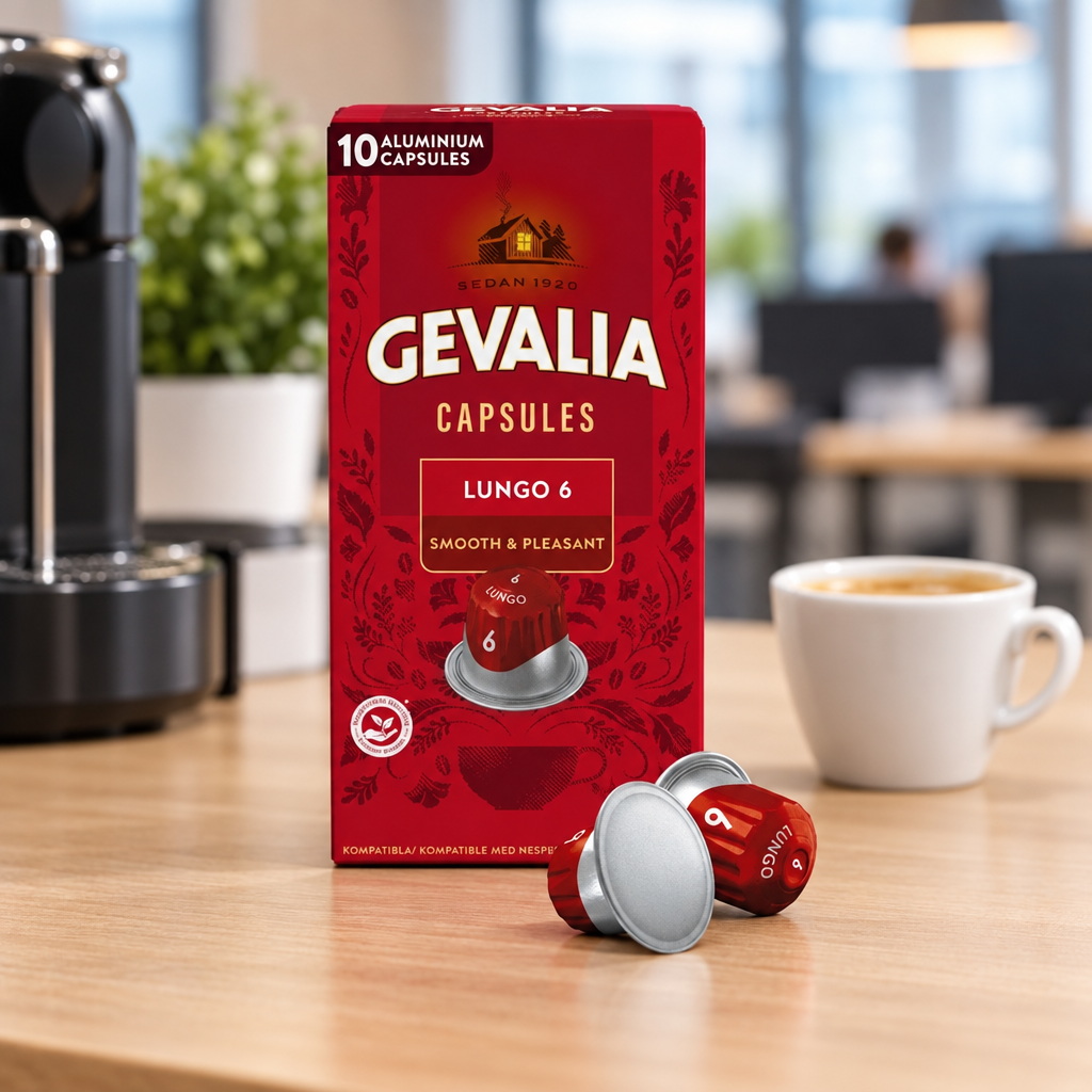 Gevalia Lungo 6 æske og kapsler ved kontorets kaffestation, stemningsbillede
