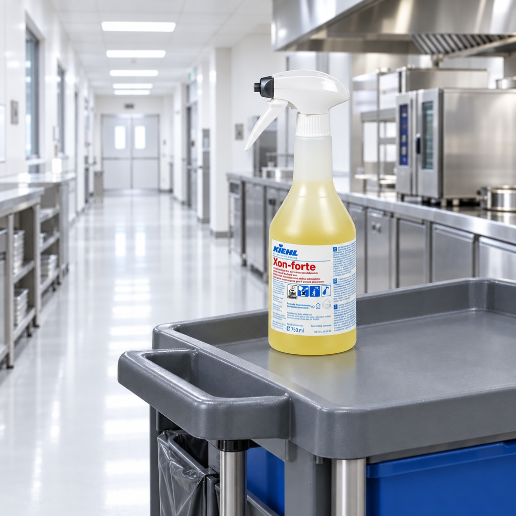 Kiehl Xon-forte 750 ml på grå rengøringsvogn i lys køkkengang