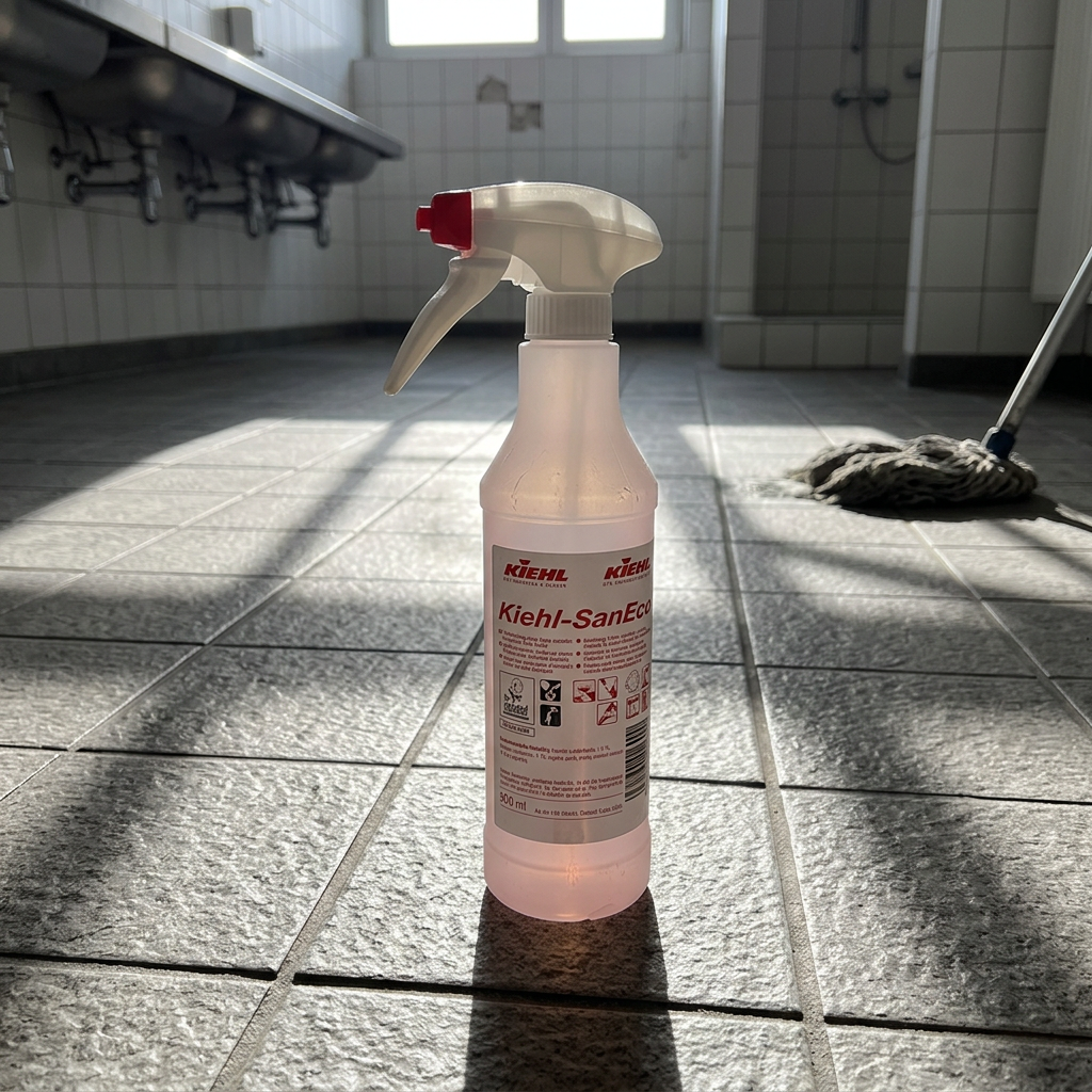 SanEco arbejdsflaske i solrigt sanitetsområde ved sportshal, stemningsbillede