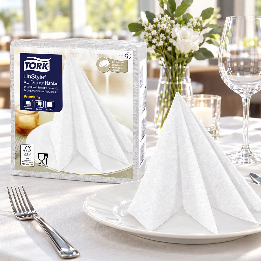Tork LinStyle-pakke ved hvid middagsserviet på restaurantbord